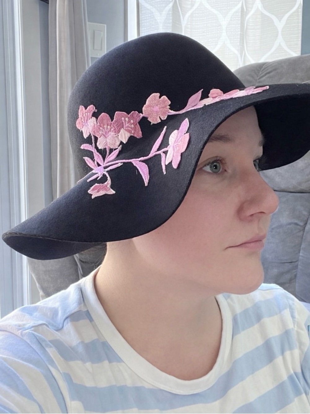 Morgan & Taylor Wide-Brim Black Wool Hat with Pink Floral Embroidery
